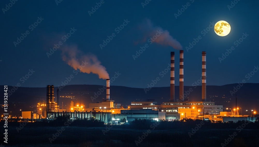 Fototapeta premium Nighttime industrial scene with towering chimneys releasing smoke, highlighting the impact of smoke and air pollution on the environment.