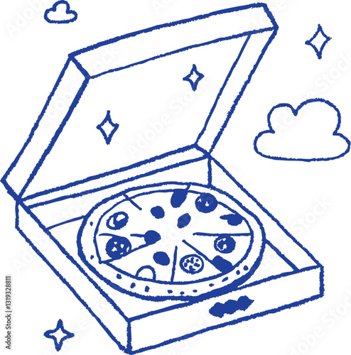delicious pizza in open box, surrounded by stars and clouds, evokes sense of joy and comfort