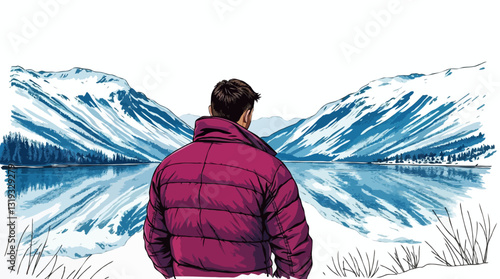 Vector sketch of a contemplative man in a down jacket standing on the shore of a calm mountain lake