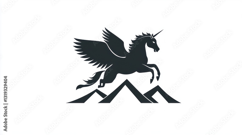 Winged unicorn soaring over mountains, logo design Winged unicorn soaring over mountains, logo design