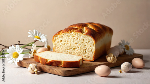 Freshly baked braided bread loaf with eggs and daisies arrangement