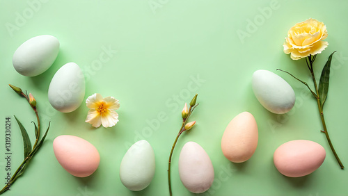 Pastel Easter Eggs and Spring Flowers on Green Background for Holiday