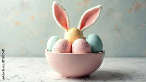 Pastel Easter Eggs in Bowl with Bunny Ears Holiday Decoration