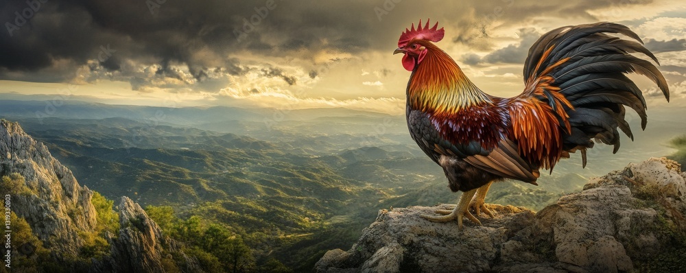 Fototapeta premium A vibrant colorful rooster stands proudly atop a rocky mountain ridge