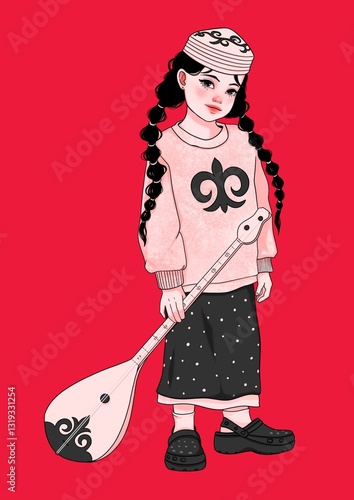 Illustration of little kazakh girl in the modern clothes with national ornaments with the folk musical instrument dombra. Nauryz concept art