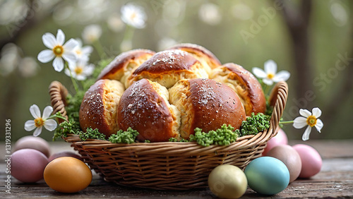 Easter bread in a basket with eggs and flowers for celebration