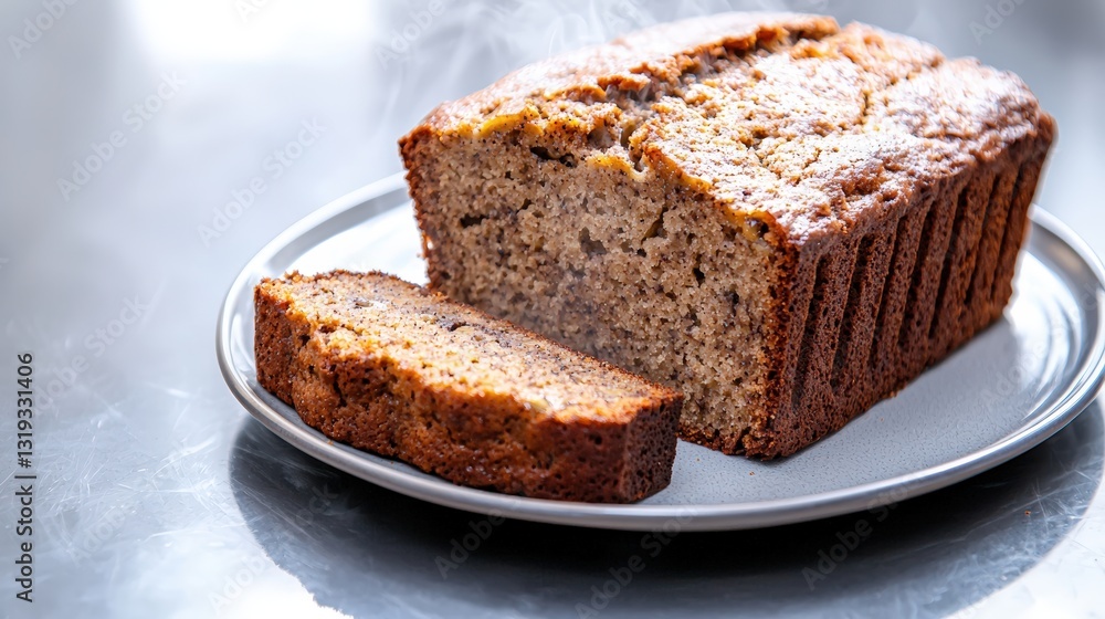 Freshly baked steaming loaf of banana bread sliced and served on a plate ready for enjoyment and tasting delights Freshly baked steaming loaf of banana bread sliced and served on a plate ready for enjoyment and tasting delights