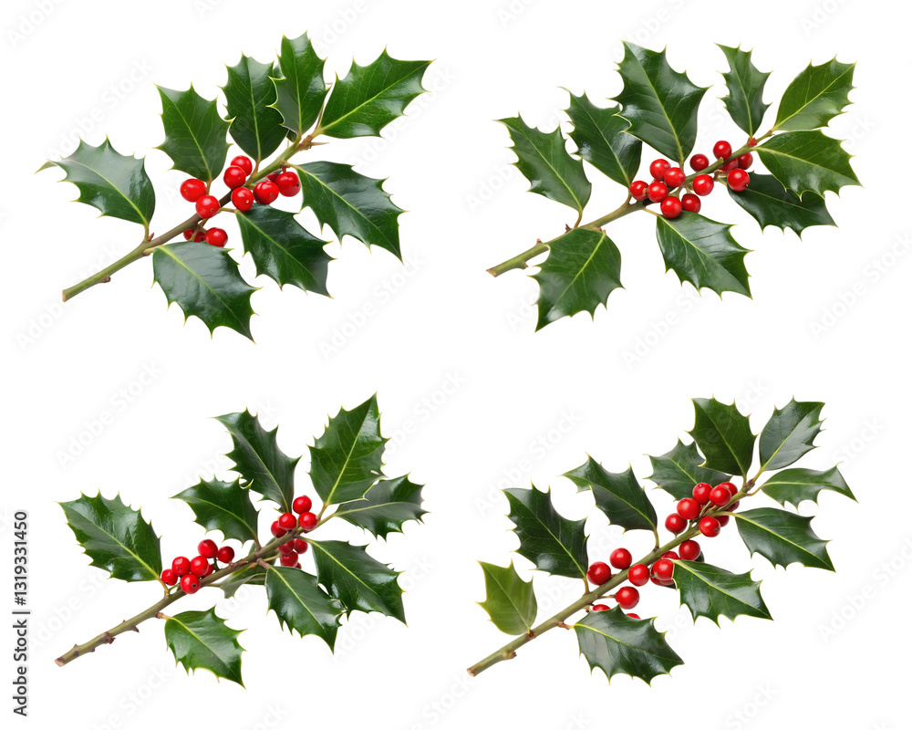 Four holly sprigs with red berries. Four holly sprigs with red berries.