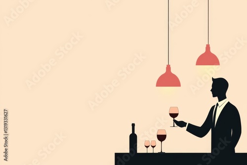 Minimalist illustration of sommelier presenting wine in upscale restaurant setting