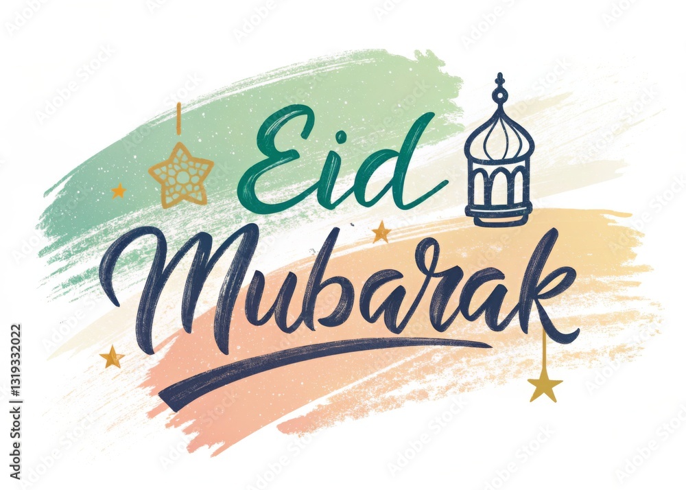 Obraz premium Festive Eid Mubarak greeting with brushstrokes and lantern design