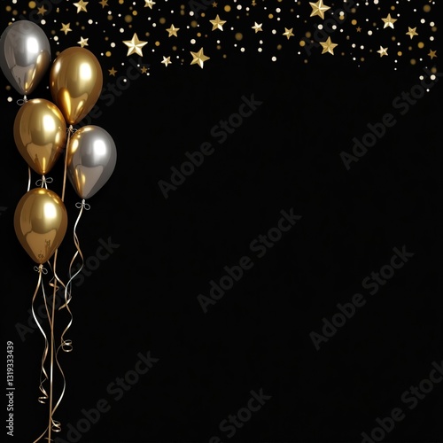 Composición sofisticada con globos y confeti brillante con fondo negro, perfecta para celebraciones con estilo y espacio para texto