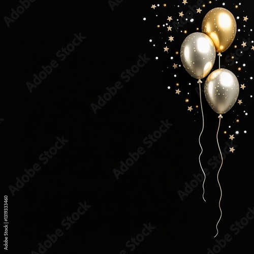 Composición de globos elegantes con detalles de confeti y cintas doradas sobre fondo negro, ideal para decoración de eventos y con espacio para texto