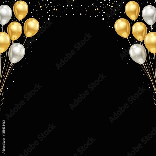 Decoración temática con globos metálicos rellenos de confeti y cintas doradas, ideal para fiestas y eventos de lujo. Fondo negro con espacio para texto