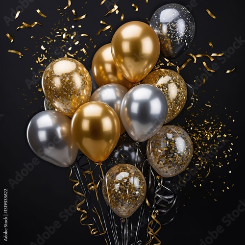 Composición de globos festivos en tonos metálicos con confeti y cintas sobre un fondo oscuro, resaltando detalles decorativos