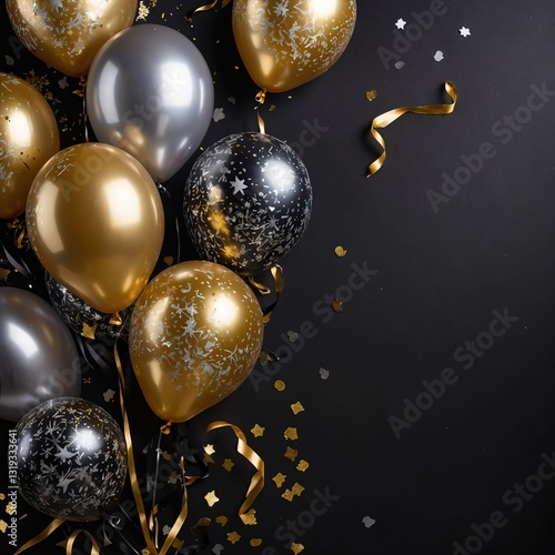 Globos dorados y plateados con diseños modernos y confeti dorado en una composición minimalista, ideal para eventos y ocasiones especiales