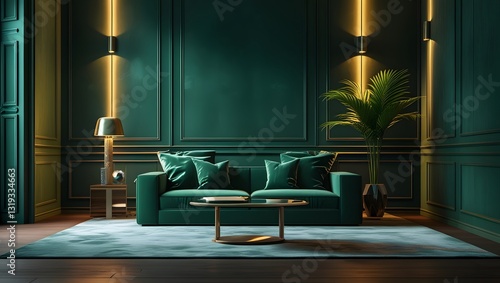 Home mockup, dark green room interior background.