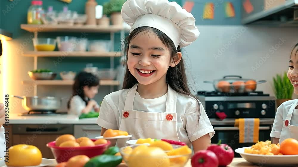 Joyful children in a vibrant kindergarten pretend to be little chefs, while their young teacher guides them through a fun-filled play session with plastic food. Joyful children in a vibrant kindergarten pretend to be little chefs, while their young teacher guides them through a fun-filled play session with plastic food.