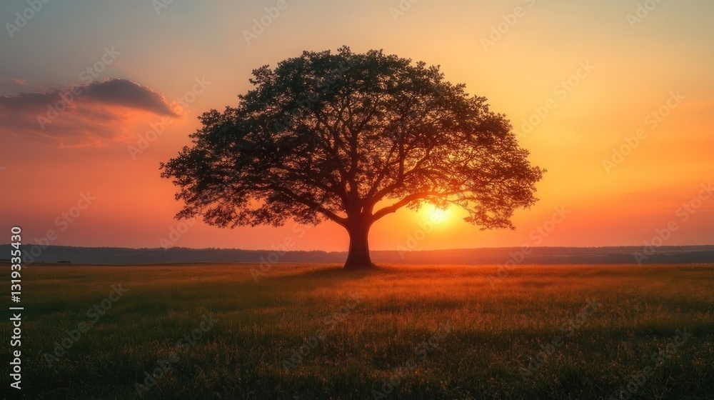 Fototapeta premium Majestic tree silhouetted against a vibrant sunset over a field