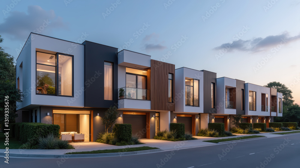 Fototapeta premium Modern townhouses with sleek design and warm lighting at dusk
