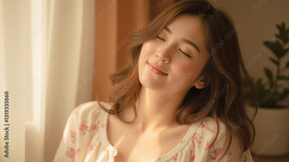 Smiling woman with long hair enjoying sunlight in cozy room, radiating warmth and tranquility Smiling woman with long hair enjoying sunlight in cozy room, radiating warmth and tranquility