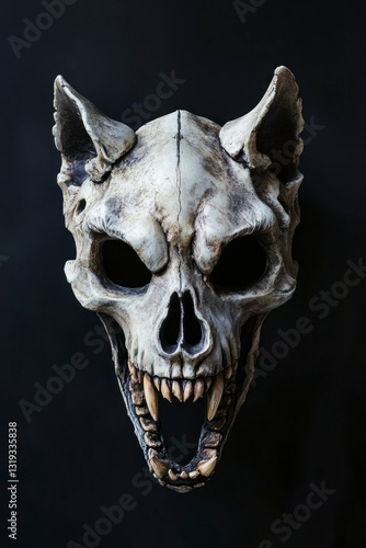 Handpainted realistic wolf skull mask art mysterious studio decorative item dark background artistic perspective
