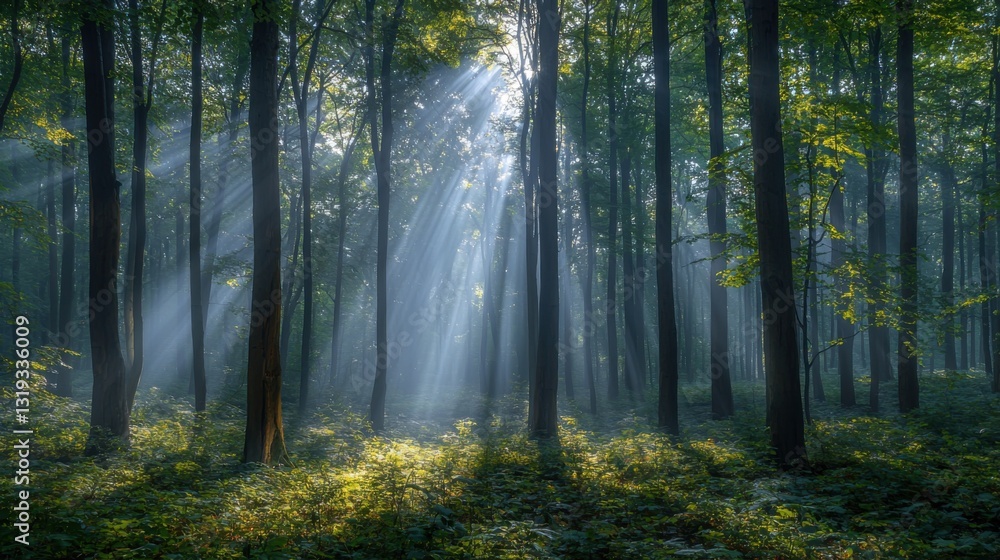 Fototapeta premium A beautiful forest illuminated by sunbeams filtering through the dense tree canopy above