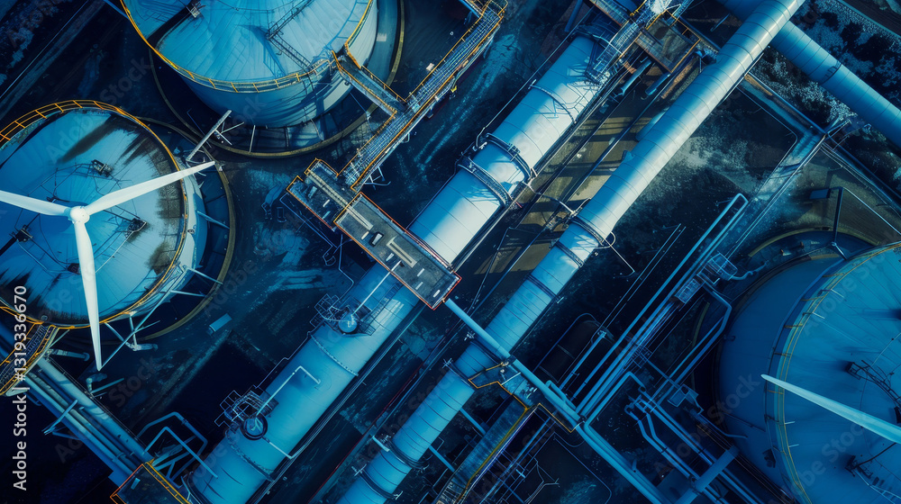 Aerial view of water system, blue pipes, wind turbines, top-down shot, dark background, high-res. Aerial view of water system, blue pipes, wind turbines, top-down shot, dark background, high-res.