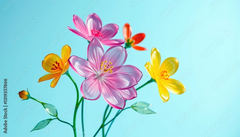 Fototapeta premium Vibrant flowers bloom against a bright blue background, bringing joy and color to the day