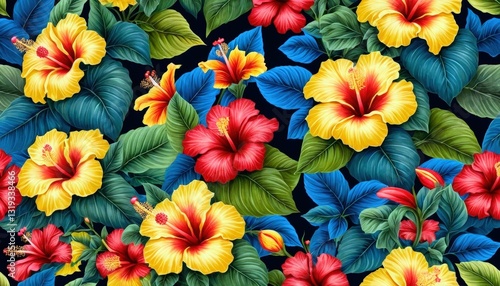 Wallpaper Mural Vibrant tropical hibiscus flowers in full bloom against a rich blue background create a stunning visual symphony of colors and life Torontodigital.ca