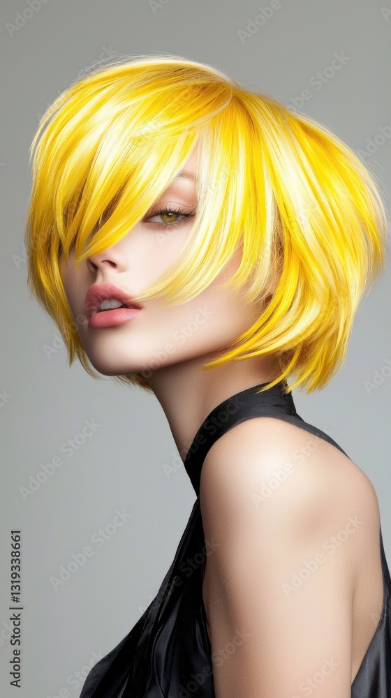 A woman with a short yellow hair and a black dress A woman with a short yellow hair and a black dress