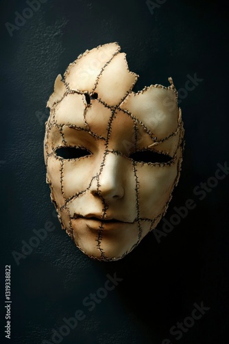 Surreal human face mask art installation contemporary gallery sculpture dark aesthetic close-up view unique concept