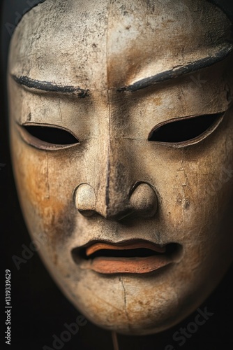Ancient japanese noh mask display cultural exhibition art photography dark studio setting close-up view haunting expression