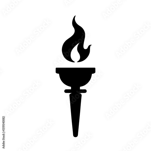 Minimalist black silhouette of a torch with flickering flame on white background