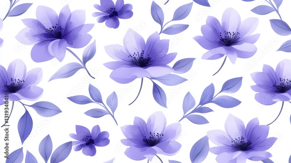 Seamless purple floral pattern on white background, ideal for textiles, home decor and charming crafts Seamless purple floral pattern on white background, ideal for textiles, home decor and charming crafts