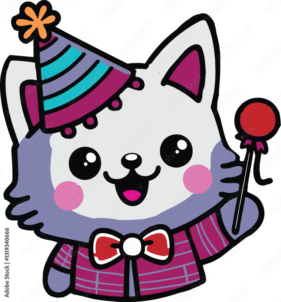 Fototapeta premium A cheerful cartoon cat in a party hat