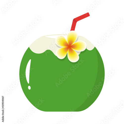 Coconut drink decorated with flower and drinking straw isolated on white background.Summer beach holiday refreshing beverage element.Young coconut tropical fruit vector graphic illustration.