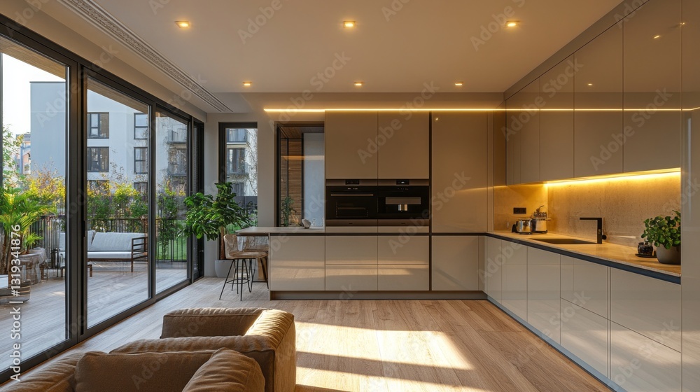 Fototapeta premium Modern kitchen designed with sleek cabinetry and ample natural light creates an inviting space that seamlessly connects to an outdoor terrace, perfect for culinary adventures