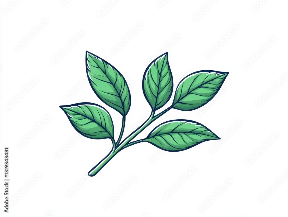 Fototapeta premium Green leaf branch illustration with detailed veins on a white background