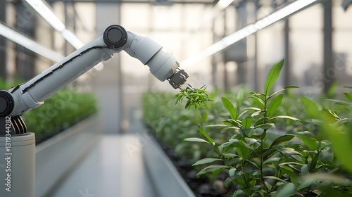 Advanced Robotic Arm Nurturing Plants in a Modern Greenhouse Environment for Innovative Agriculture photo