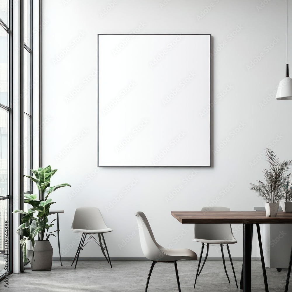 Modern minimalist room with empty frame, chairs, and table.