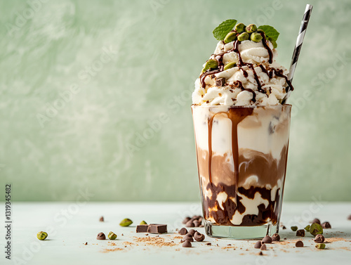 Dubai Chocolate Ice Cream iced coffee latte with pistachio ice cream, tahini, kataifi, whipped cream chocolate drops and dubai chocolate flavored syrup, on white green table, copy space