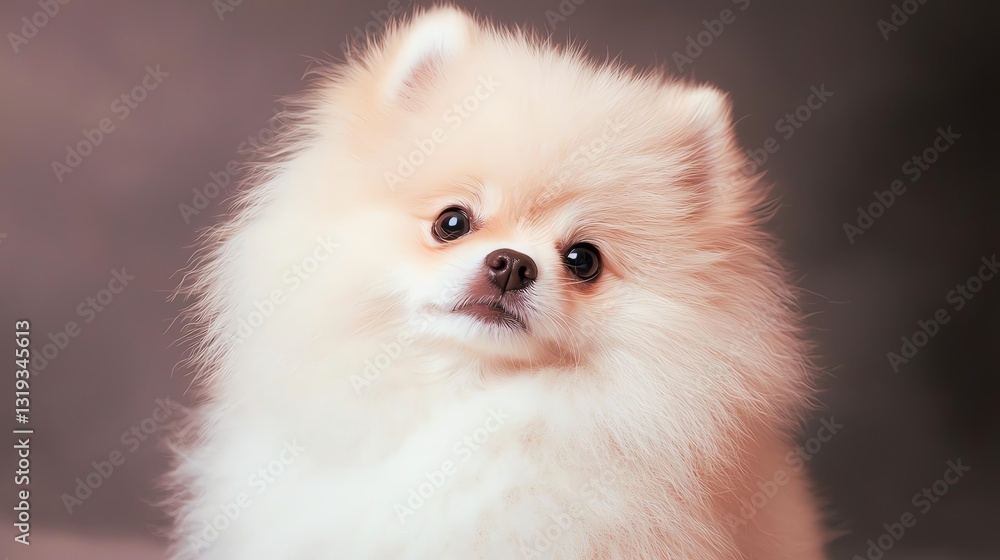 Fototapeta premium Adorable fluffy Pomeranian dog looking curiously at the camera with soft expressions.