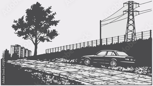Monochrome urban landscape illustration with a parked car, tree, power lines, and distant buildings, nostalgic and moody atmosphere
