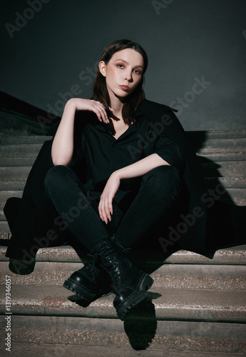 Valokuva Portrait of informal (rock) girl in black coat, shirt, jeans and boots