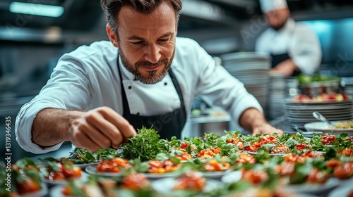 A chef garnishing a gourmet meal with fresh herbs before serving it to a waiter**, showcasing attention to detail in a high-end hotel restaurant kitchen 