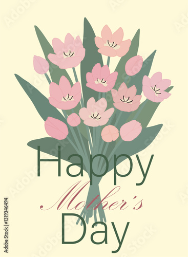 Happy mothers day card. Floral doodle tulips bouquet. Hand drawn illustration
