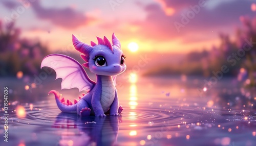 Adorable Purple Baby Dragon Sunset Lake Wallpaper