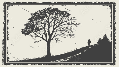 Silhouette of a lone traveler walking on a hilltop path beside a large tree, moody monochrome landscape illustration