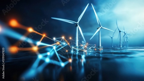 Harnessing wind energy renewable energy development coastal region digital art futuristic environment aerial view sustainability concept
