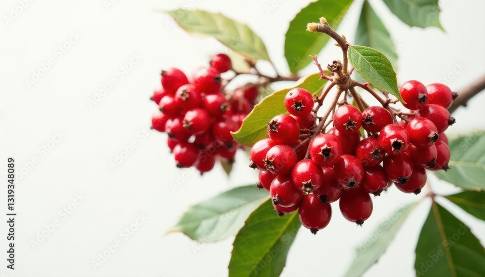 Intensely colored rowan berries bunch, stark white backdrop , colorful, plant, autumn Intensely colored rowan berries bunch, stark white backdrop , colorful, plant, autumn